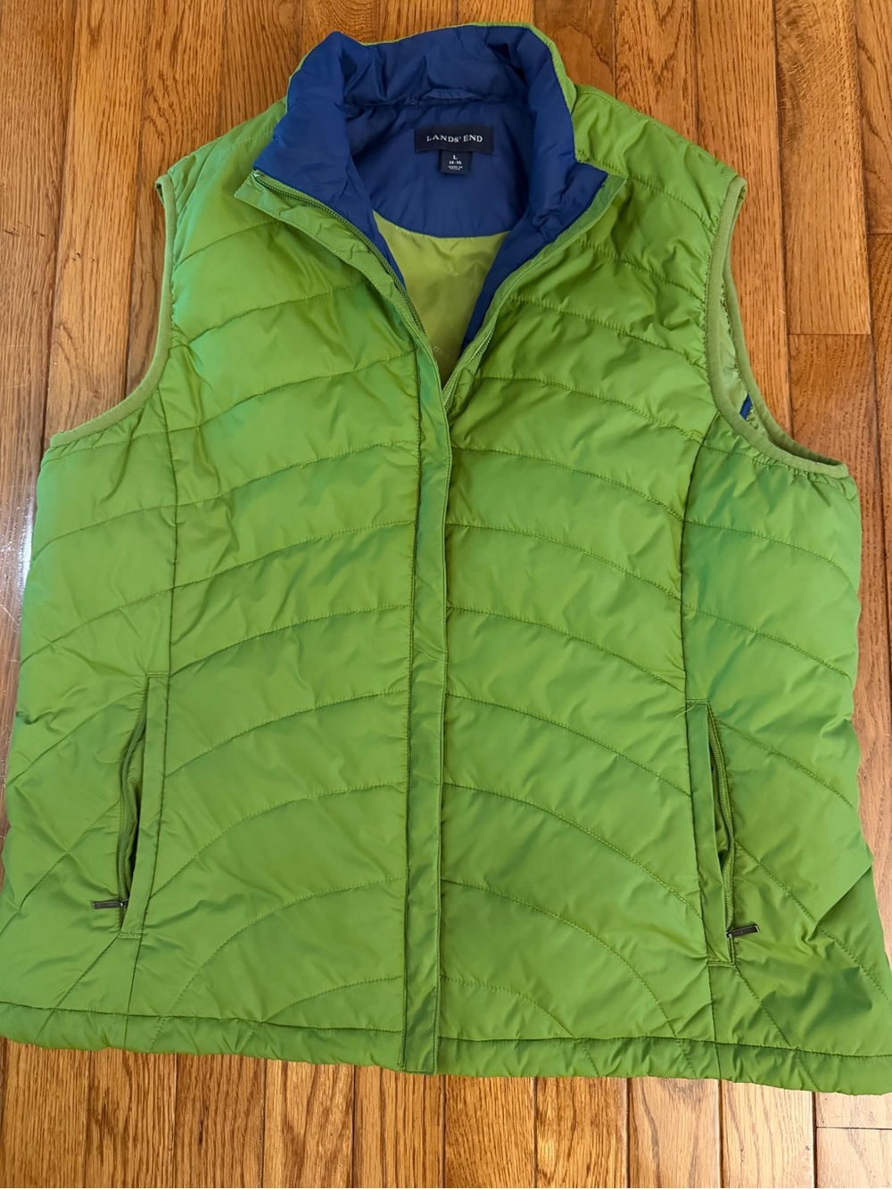 Lands' End Women's Lime Green Quilted Vest with Navy Trim